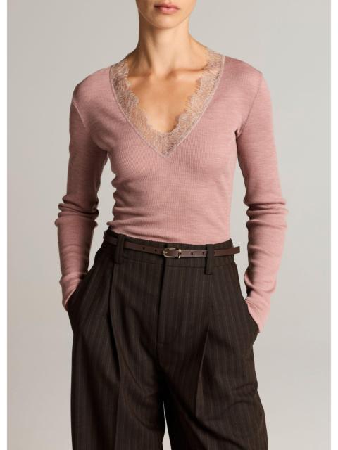 Vince Lace-Trim Ribbed Long-Sleeve V-Neck Top