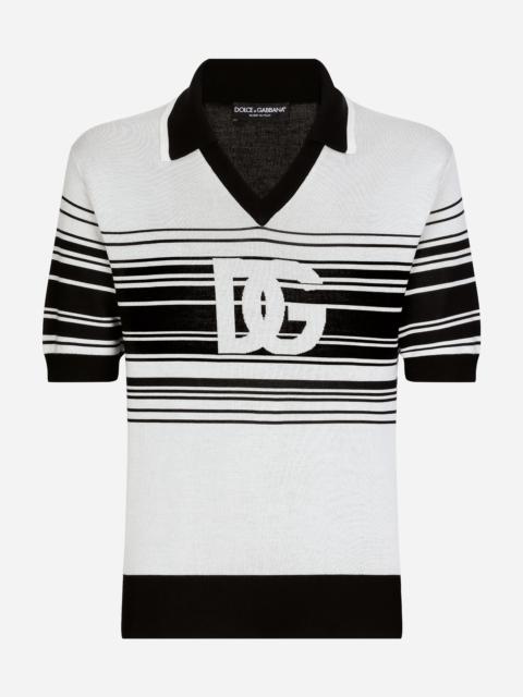 Silk jacquard V-neck polo-shirt with DG logo