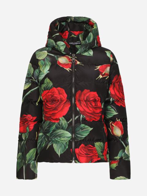 Dolce & Gabbana Nylon down jacket with red rose print