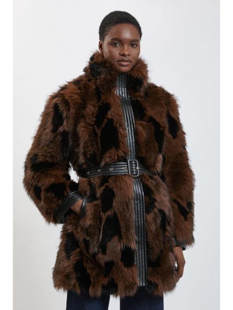 KAREN MILLEN Faux Tipped Contrast Fur Belted Midi Coat