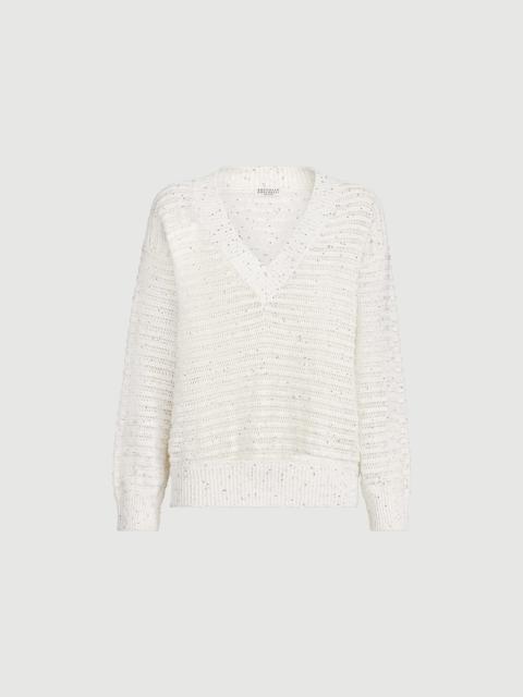 Brunello Cucinelli Linen diamond yarn sweater with openwork stripes and shiny zipper pull