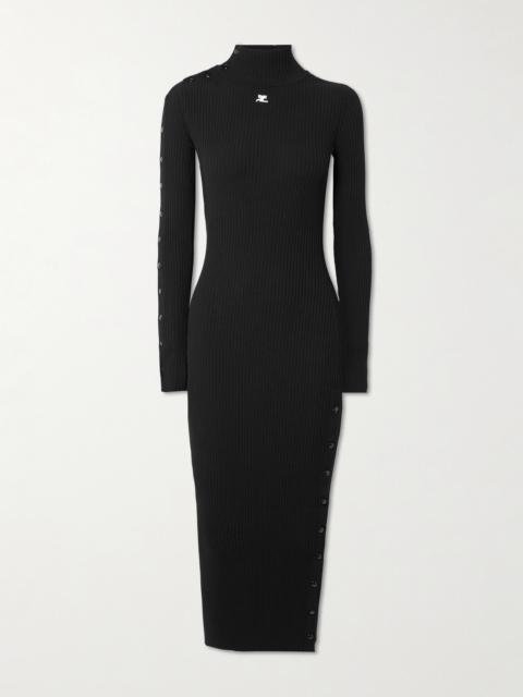 courrèges Embroidered Ribbed-knit Midi Turtleneck Dress