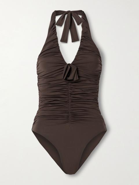MAYGEL CORONEL Yojaira appliquéd ruched halterneck swimsuit Chocolate