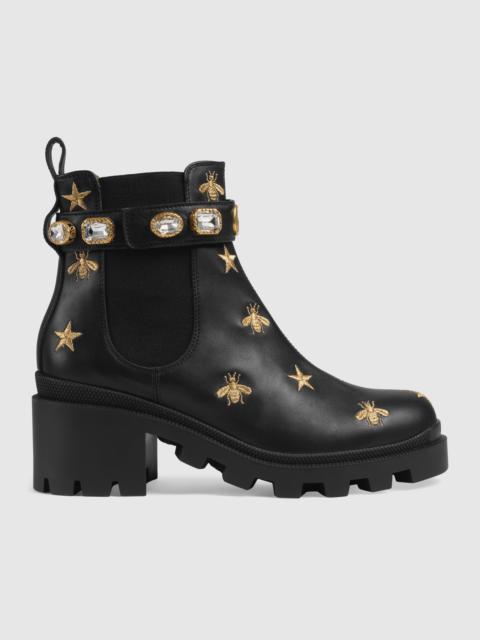 GUCCI Embroidered leather ankle boot with belt
