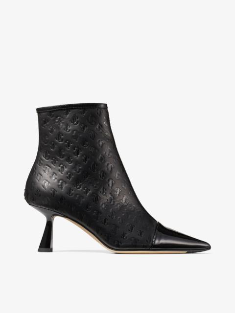 JIMMY CHOO Kix/z 65
Black Patent and JC Monogram Leather Ankle Boots
