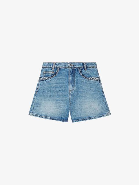 maje Braided-Trim Faded-Wash Denim Shorts