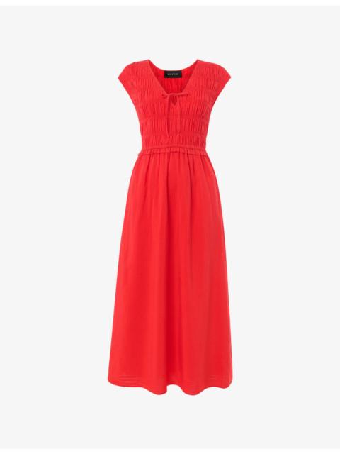 WHISTLES Shirred-Bodice V-Neck Midi Cotton-Blend Dress