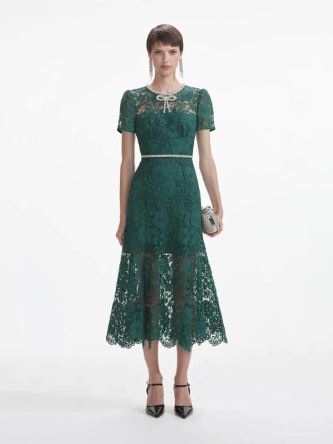 self-portrait Green Lace Diamante Bow Midi Dress