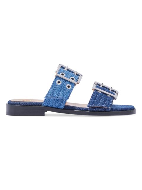 GANNI Women's Feminine Buckle-Strap Denim Sandals - Mid Blue Vintage