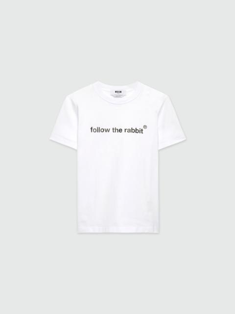 MSGM White jersey T-shirt with "Follow the rabbit®" quotes