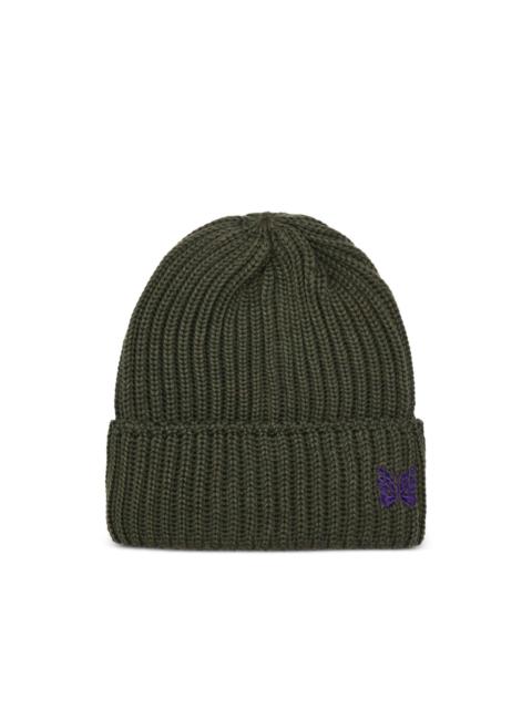 NEEDLES ribbed-knit butterfly-embroidered beanie