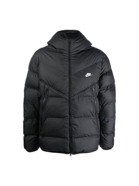 Nike Men's Nike Solid Color Zipper Pocket logo Printing Hooded Down Jacket Black DR9605-010