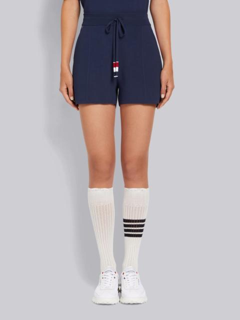 Thom Browne Navy Stretch Viscose Intarsia Side Stripe Pintuck Mid-thigh Shorts