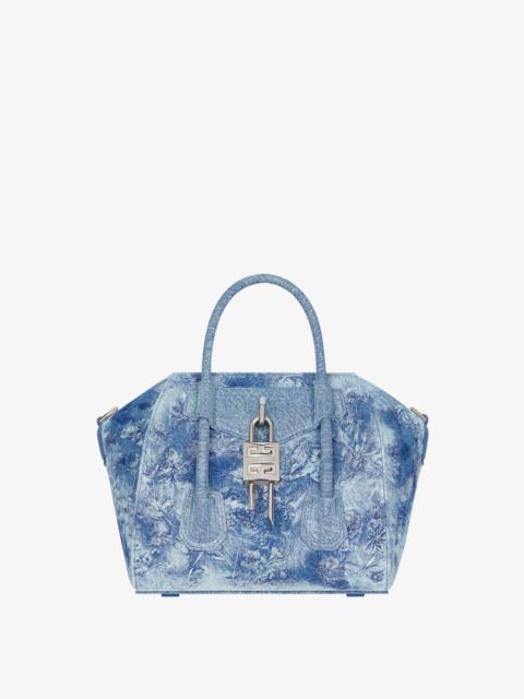 MINI ANTIGONA LOCK BAG IN WASHED EMBROIDERED DENIM