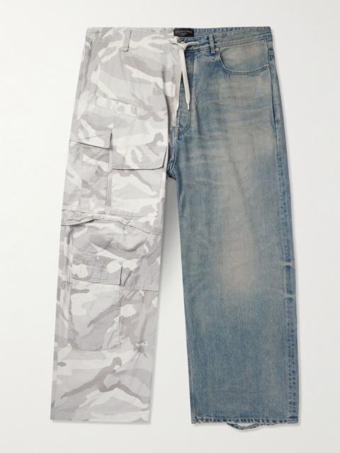 BALENCIAGA Hybrid Wide-Leg Ripstop and Distressed Denim Drawstring Trousers Blue