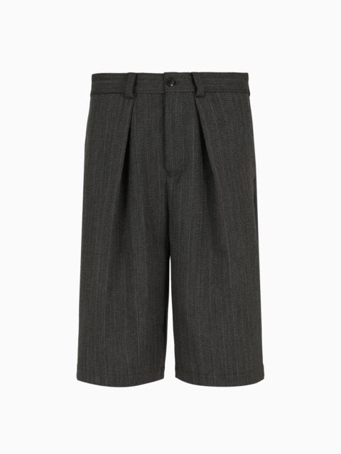 EMPORIO ARMANI Herringbone-pattern virgin-wool mouliné Bermuda shorts with pleats