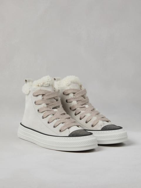 Brunello Cucinelli Suede high top sneakers with shearling lining and precious toe