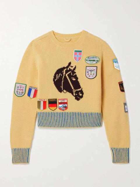 BODE Cropped appliquéd intarsia alpaca and merino wool-blend sweater Yellow