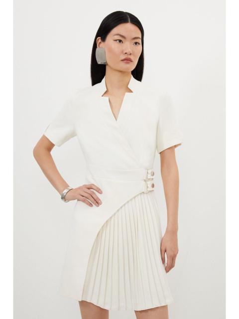 KAREN MILLEN Tailored Military Pleat Notch Neck Wrap Mini Dress