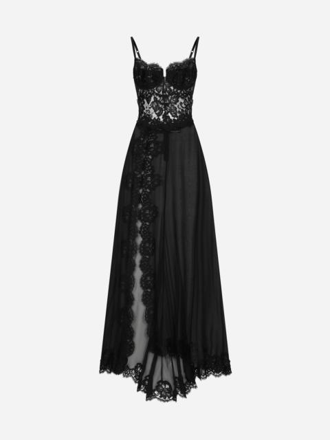 Long silk chiffon and Chantilly lace slip dress