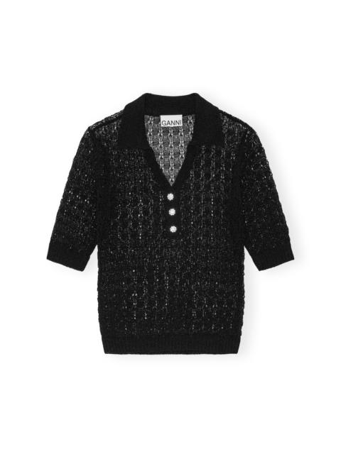 BLACK POINTELLE KNIT SHORT SLEEVE POLO