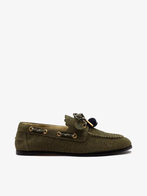 Larroudé Cyprus Boat Shoe Olive Croco Suede