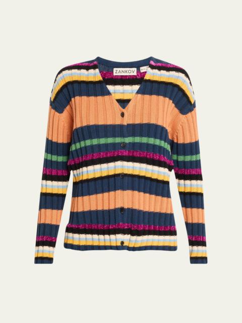 ZANKOV Suri V-Neck Stripe Ribbed Wool Cardigan