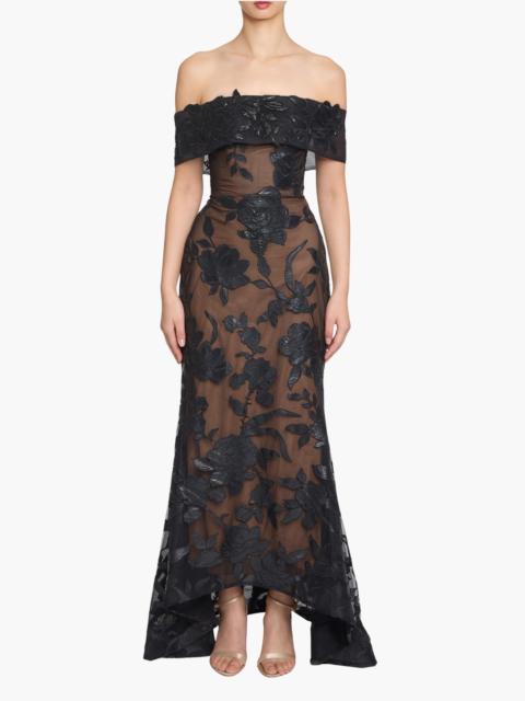 Marchesa LEATHER GUIPURE FITTED OFF SHOULDER HI-LO GOWN
