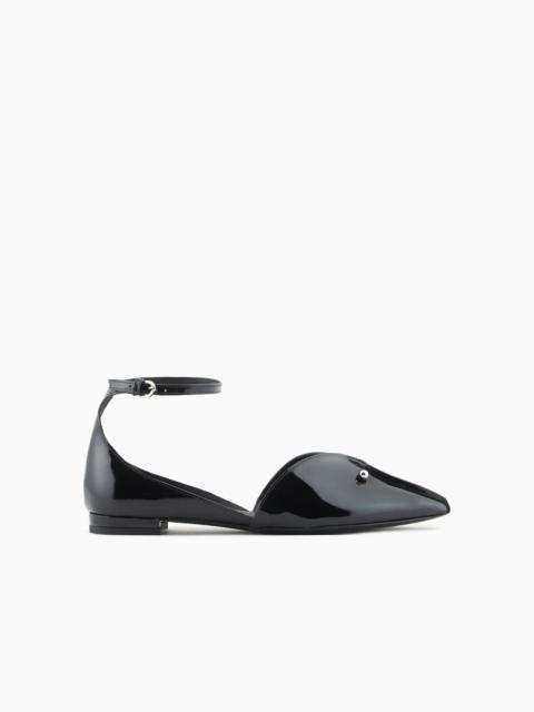 EMPORIO ARMANI Patent-leather pointed-toe ballerinas with a strap and piercing