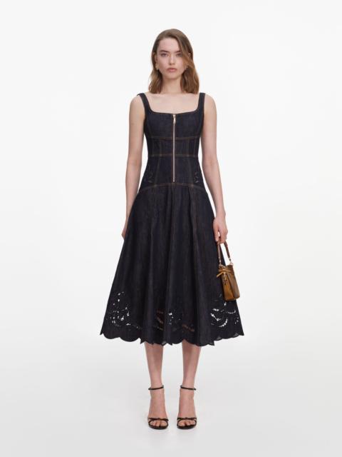 self-portrait Indigo Denim Bow Embroidered Midi Dress