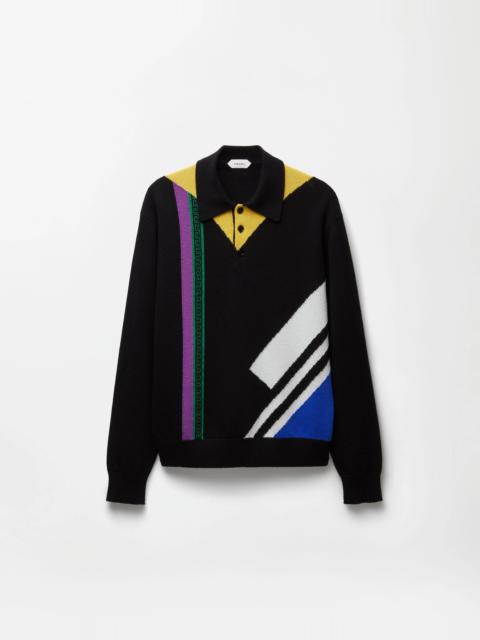 VERSACE Wool Intarsia Knit Polo Sweater