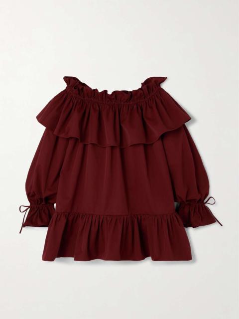 Off-the-shoulder ruffled cotton-twill mini dress Red