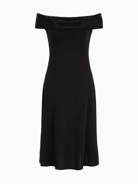 Viscose stretch jersey dress with rhinestone neckline