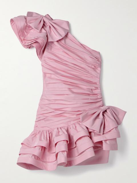Alessandra Rich One-shoulder Bow-embellished Ruched Taffeta Mini Dress
