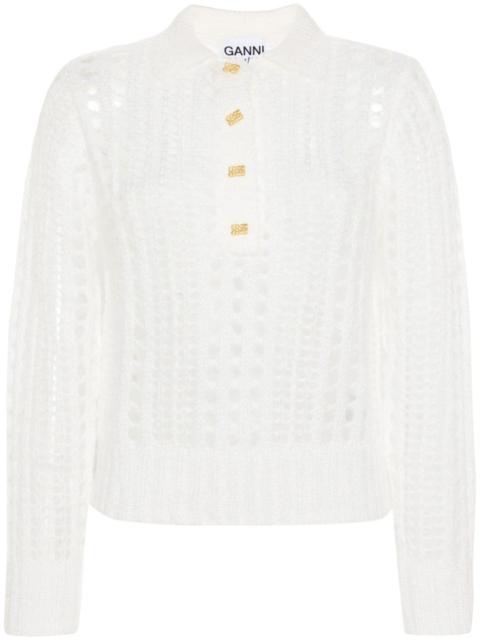GANNI open-knit polo-collar jumper