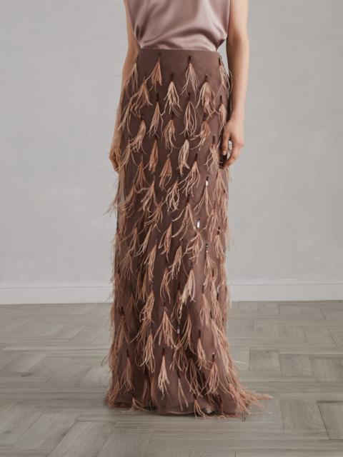 Brunello Cucinelli Crispy silk mermaid skirt with dazzling feather embroidery