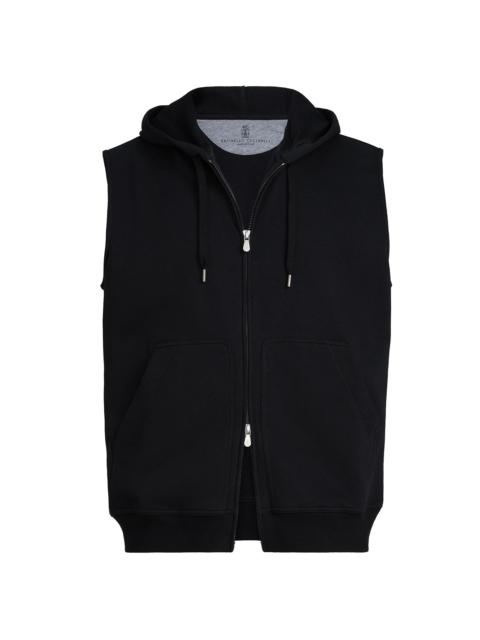 Brunello Cucinelli Men's Techno Cotton French Terry Sleeveless Sweatshirt with Zipper and Hood - Black