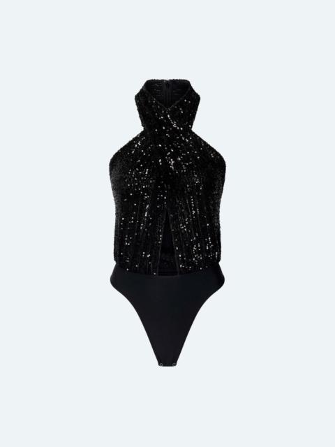 LAPOINTE Mini Stretch Sequin Halter Cutout Bodysuit