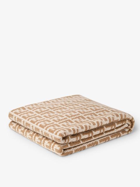 FENDI Two-tone soft cashmere blanket with FF motif in natural beige and white tones. Designed by Karl Lage