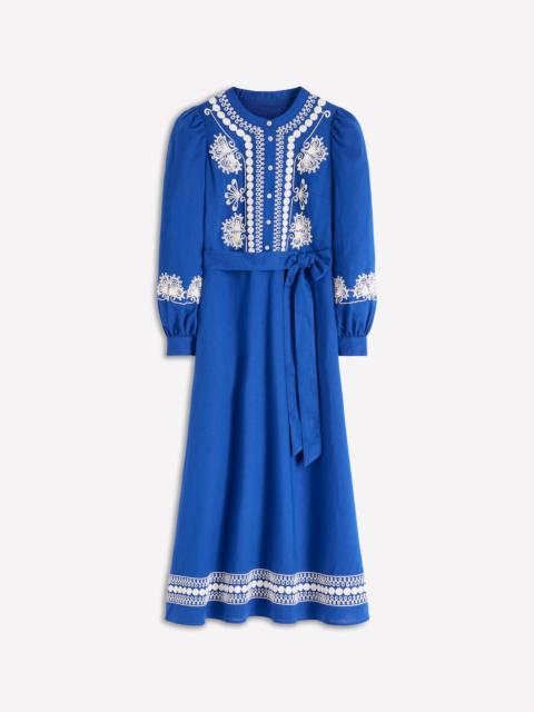 BODEN Ava Linen Blend Midi Dress-Blue Embroidery