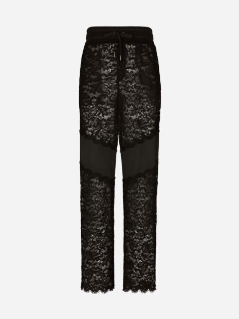 Cordonetto lace and jersey jogging pants