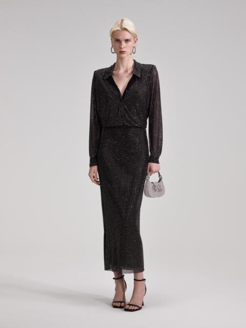 self-portrait Black Rhinestone Midi Shirt Dress