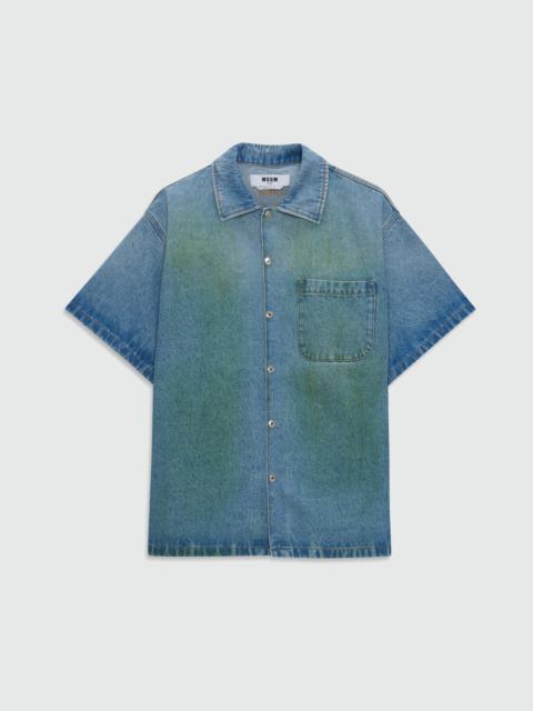 MSGM Light-wash denim short-sleeve shirt with localized distressing