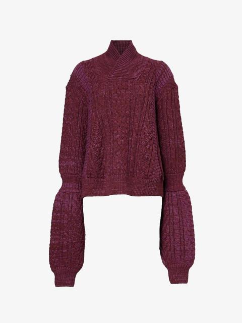 High-neck cable-knit relaxed-fit wool jumper
