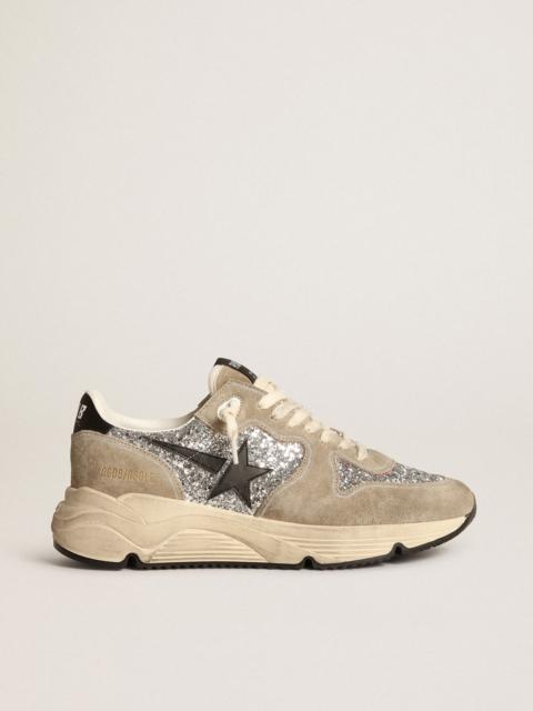 Running Sole sneakers in silver glitter and dove-gray suede with black leather star