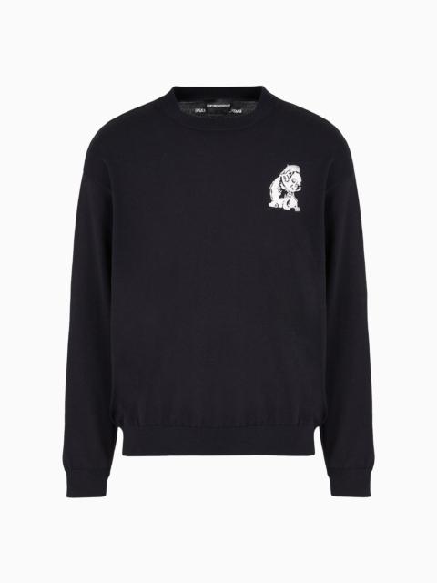 EMPORIO ARMANI Plain-knit virgin-wool jumper with French bulldog embroidery