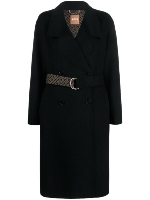 BOSS monogram-jacquard belt wool-blend coat