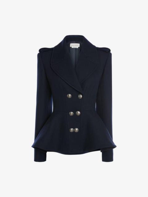 Alexander McQueen Peplum Harringbone Peacoat in Navy