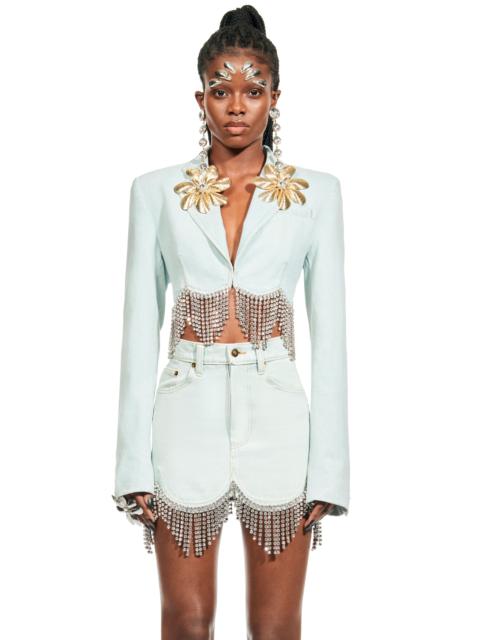 AREA SCALLOPED CRYSTAL CROPPED DENIM JACKET