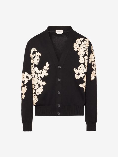 Alexander McQueen Men's Floral Embroidery Cardigan in Black/ivory